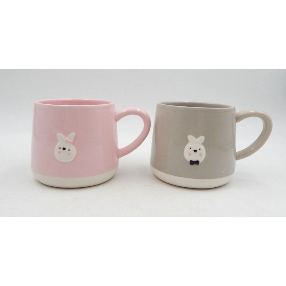 Wooly Heads Bunny Rabbit Gray Pink Mug Cup Tea Coffee Magenta Easter Lot/2